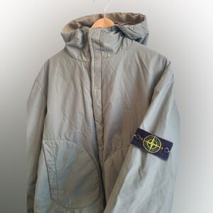 Stone Island olive green nylon padded short hooded jacket - Large
